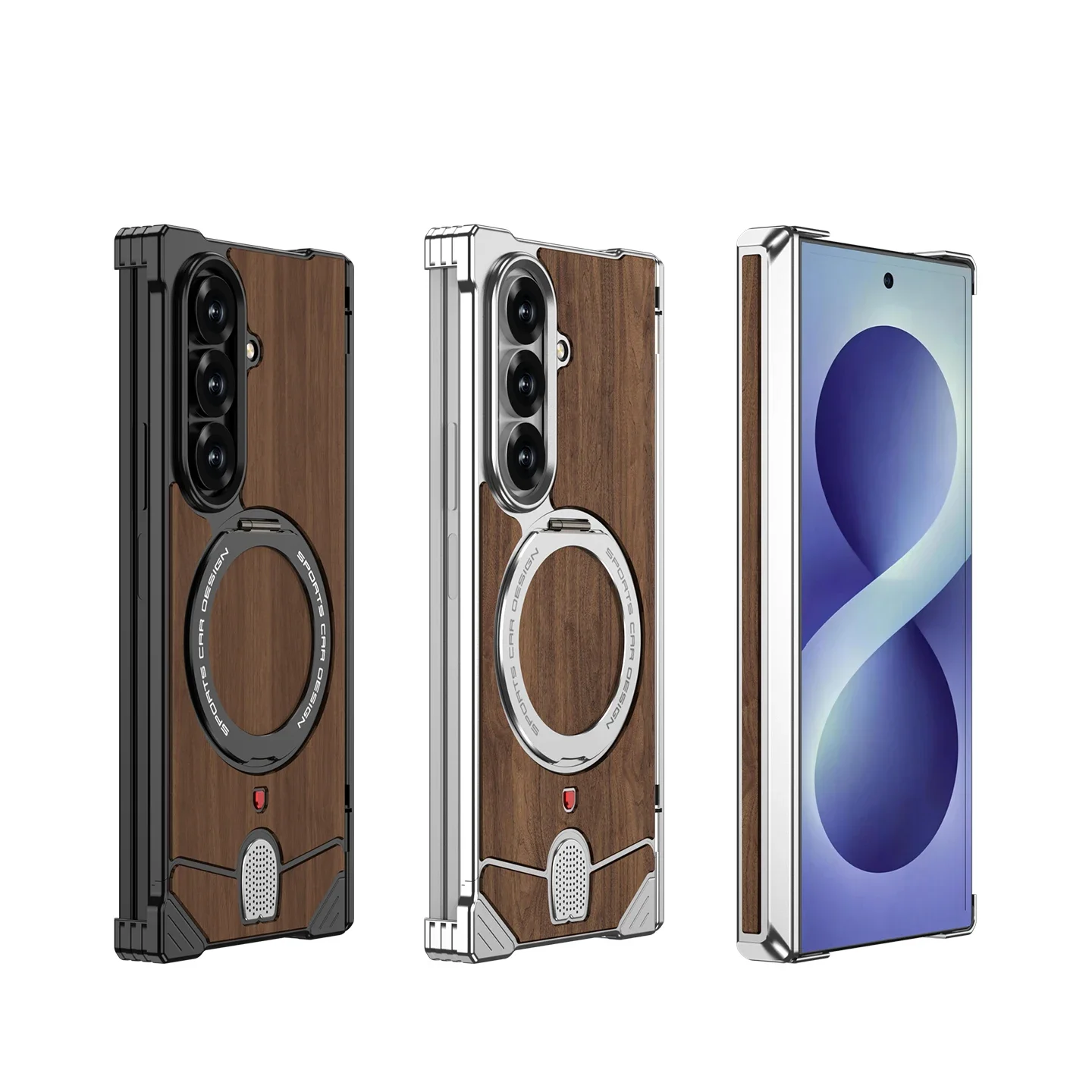 Magnetic Stand Aluminum Alloy Frameless Walnut Wood Case For Samsung Galaxy Z Fold 8 Ultra Hinge Protection Metal Cover