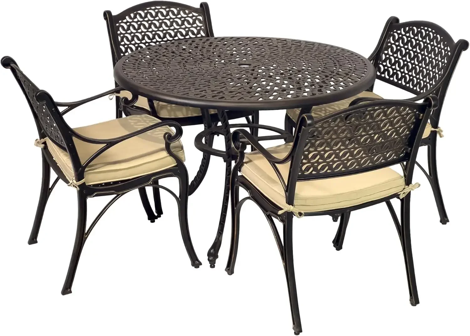 

Harmon 5-Piece Cast Aluminum Outdoor Dining Set for 4 with Cushions - Elegant Round Patio Table and Chairs with Umbrella Hole