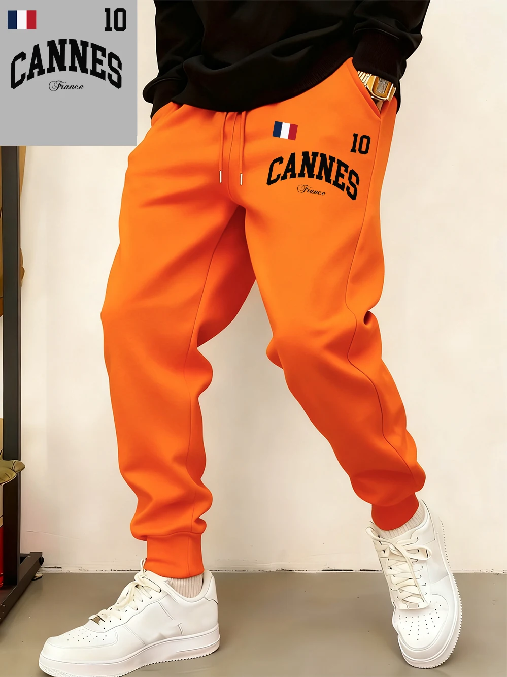 

Cannes France Flag Printing Sweatpants Mens Basics Pocket Jogger Pants Casual Fleece Warm Loose Trousers Winter Male Clothes