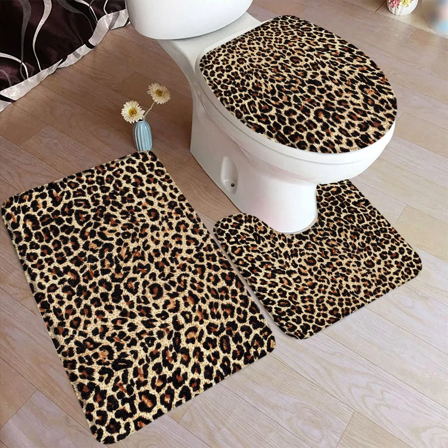 Black and White Leopard Print Bath Mat Set Zebra Animal Fur Texture Fashion Home Bathroom Decor Floor Rug U-Mat Toilet Lid Cover