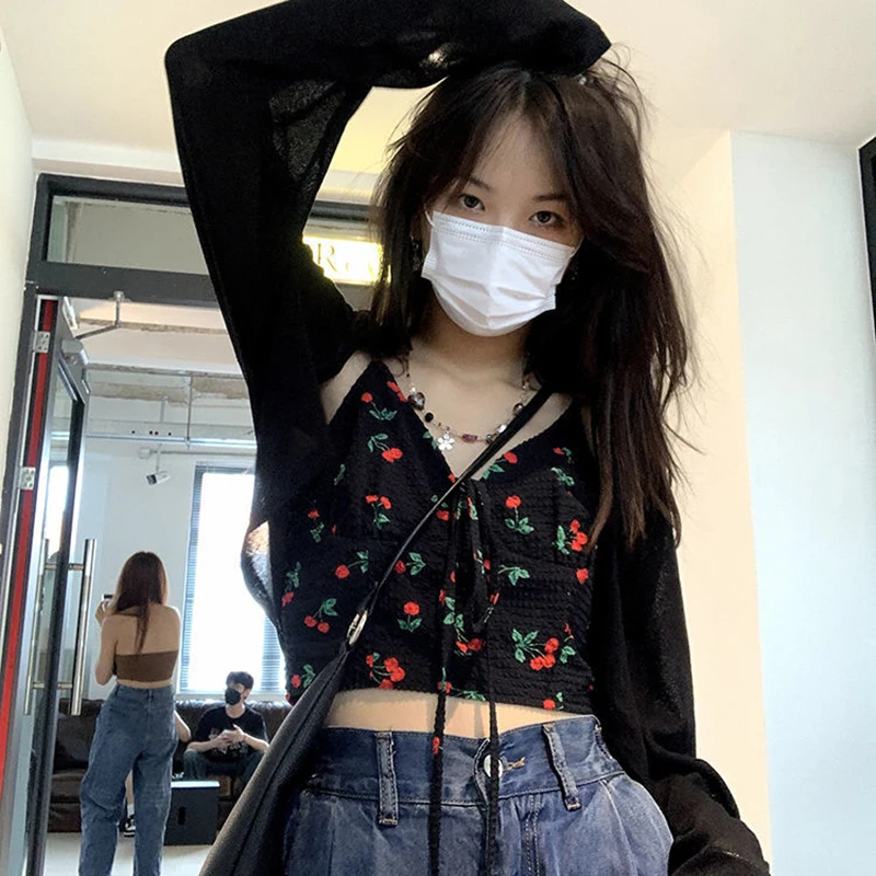 Rimocy Summer Knitted Crop Tops for Women Streetwear Long Sleeve Cropped Cardigan Woman 2024 Solid Color Sunscreen Coat Female