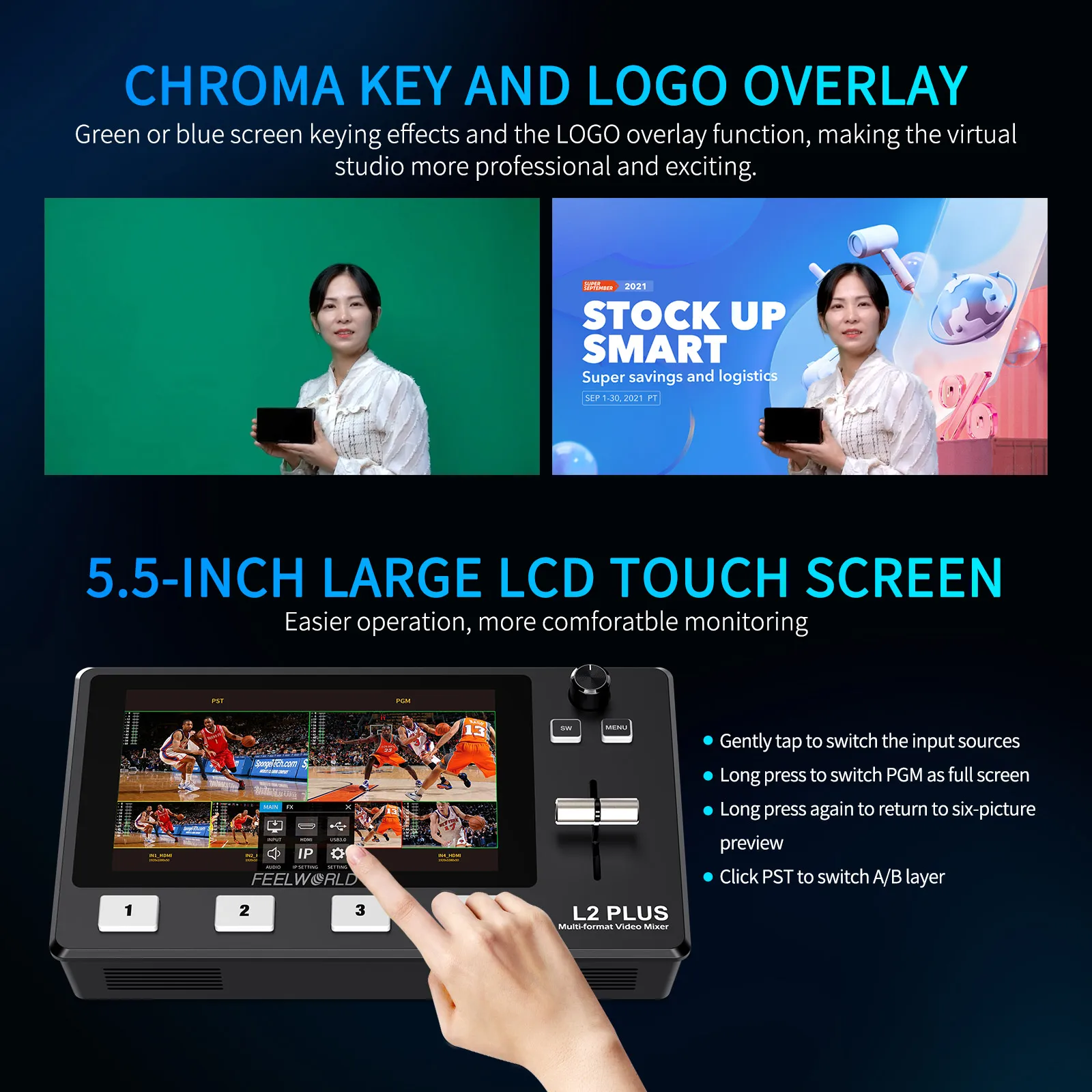 FEELWORLD L2 Plus Przełącznik miksera wideo z wieloma kamerami 5,5-calowy ekran dotykowy LCD 4 wejścia HDMI Wyjście USB3.0 Transmisja na żywo