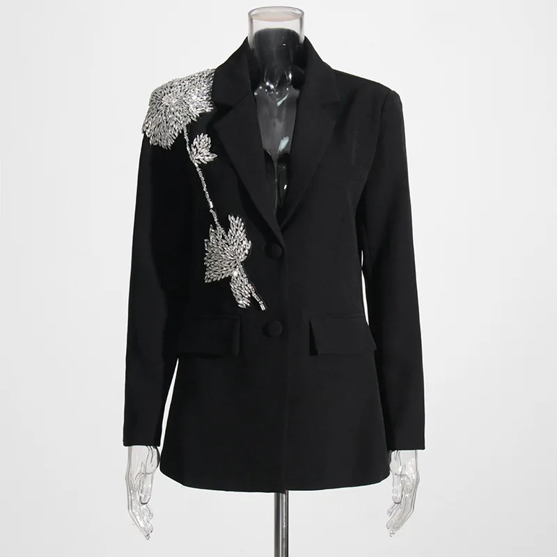 HKSH Women Blazer Fashion Embroidered Flares Single Breasted Elegant Stylish Slim Fit Dark Solid Color Chic Ins Suit-Coat HK9051
