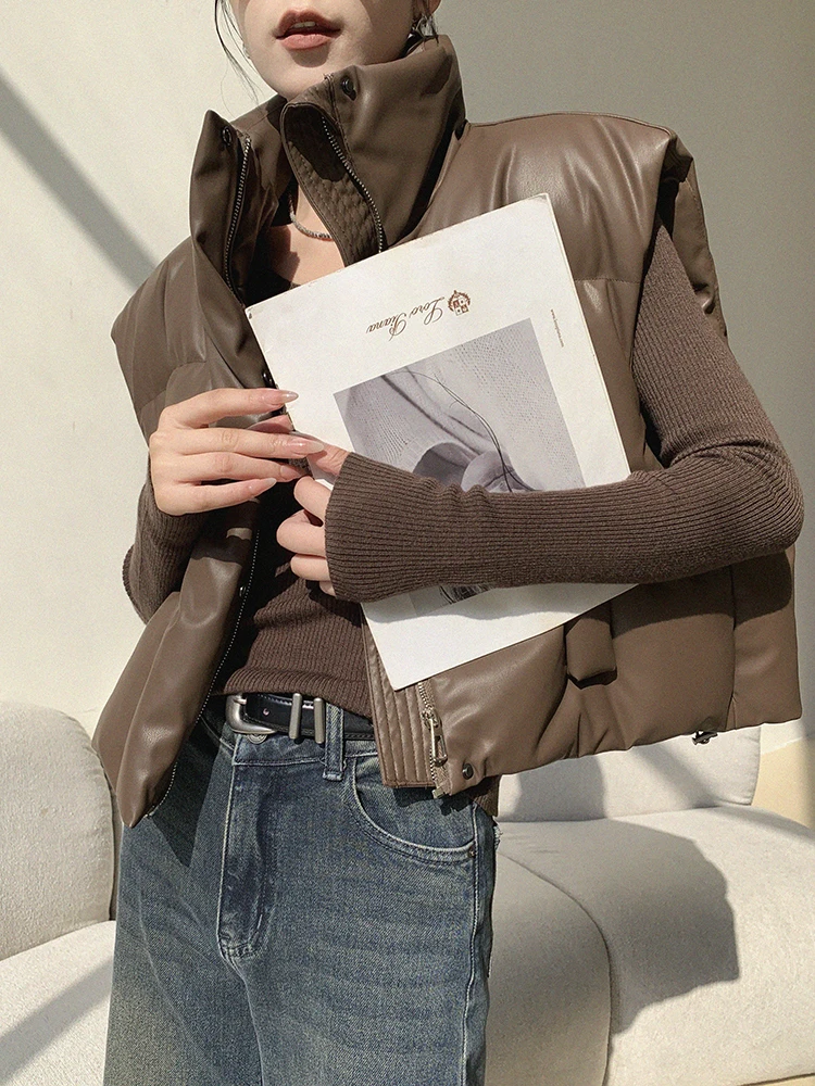 

JWUNIQUE Brown PU Leather Jaet Stand Collar down Vest Women Winter Versatile 90 White Du down Outerwear