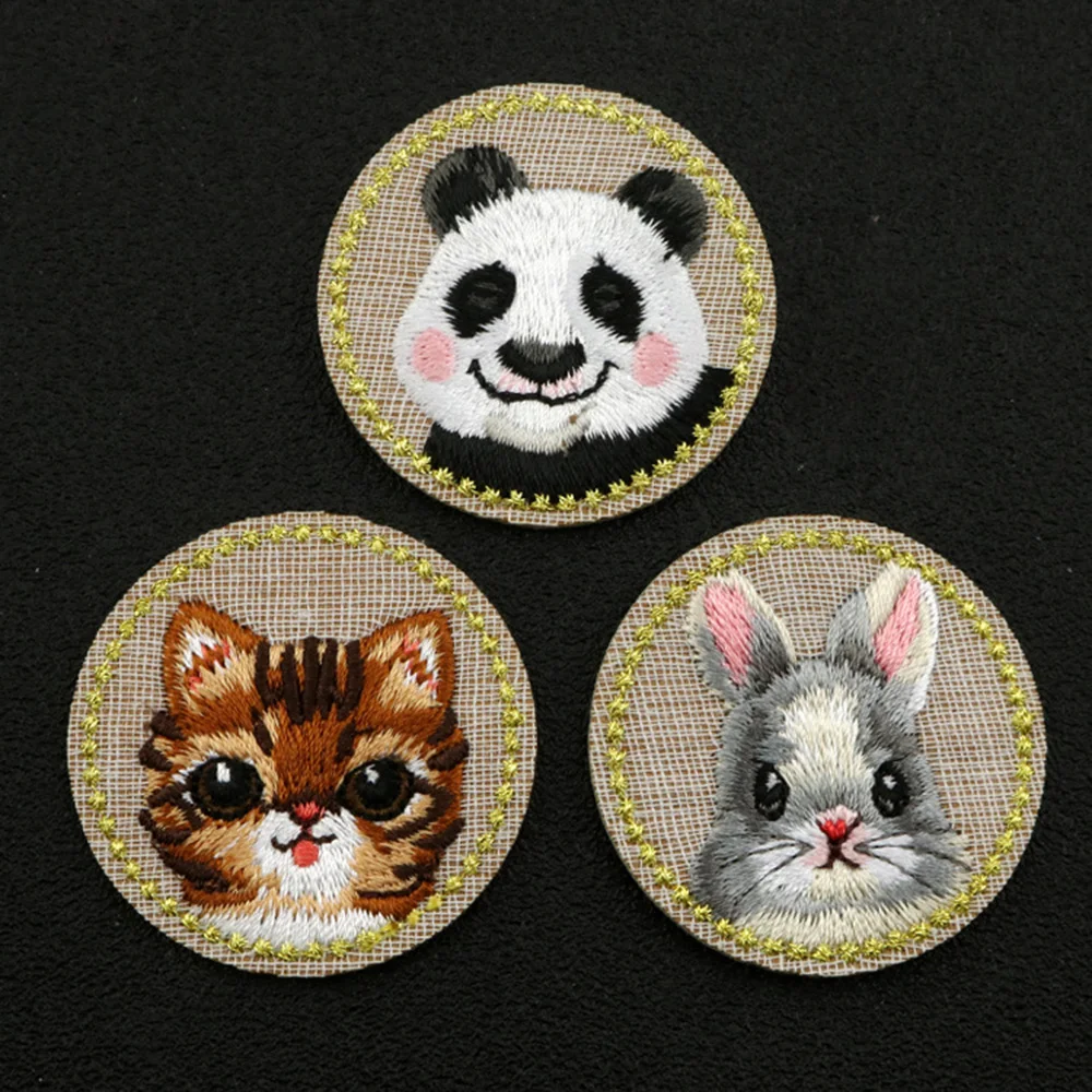 1 Piece Embroidered Cloth Patch for Kids, Cartoon Badge, DIY, Panda, Rabbit, Cat, Iron-on, Cute Animal