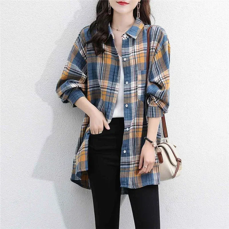 Women Clothing Loose Casual Plaid Pockets Shirts Spring Simple Fashion Vintage All-match Blouses Female Long Sleeve Tops A571