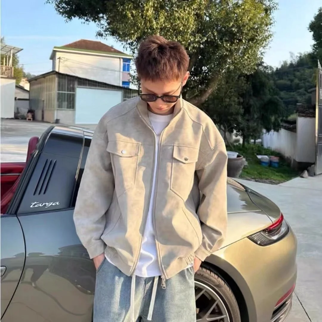 

Men's Large Size 250 Pou American Double Collar PU Leather Jaet Street Sle Zipper Motorcycle Jaet Trendy Outerwear