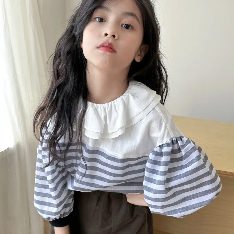 Girls Shirt 2024 Autumn New Childrens Clothes Fashion Striped Doll Shirt Lotus Collar 7 Points Sleeve Shirt Casual Simple