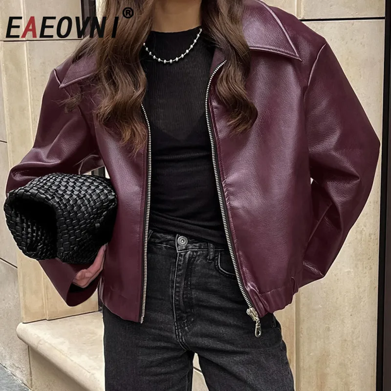 

EAEOVNI Vintage PU Leather Jacket Women Lapel Zipper Solid Color Long Sleeve Streetwear Short Coat Fashion 2025 Autumn New
