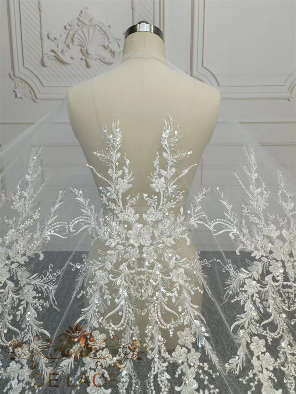 Luxury Heavy Beaded Lace Shining Sequins Fabric Handmade DIY Wedding Dress Floral Pattern Lace Fabric