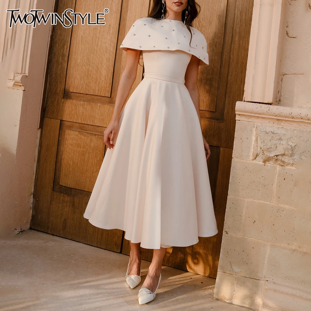 

TWOTWINSTYLE Solid Slimming Spliced Shawl Dress for Women Round Neck Sleeveless Patchwork Belt Midi Dresses Female Elegant New