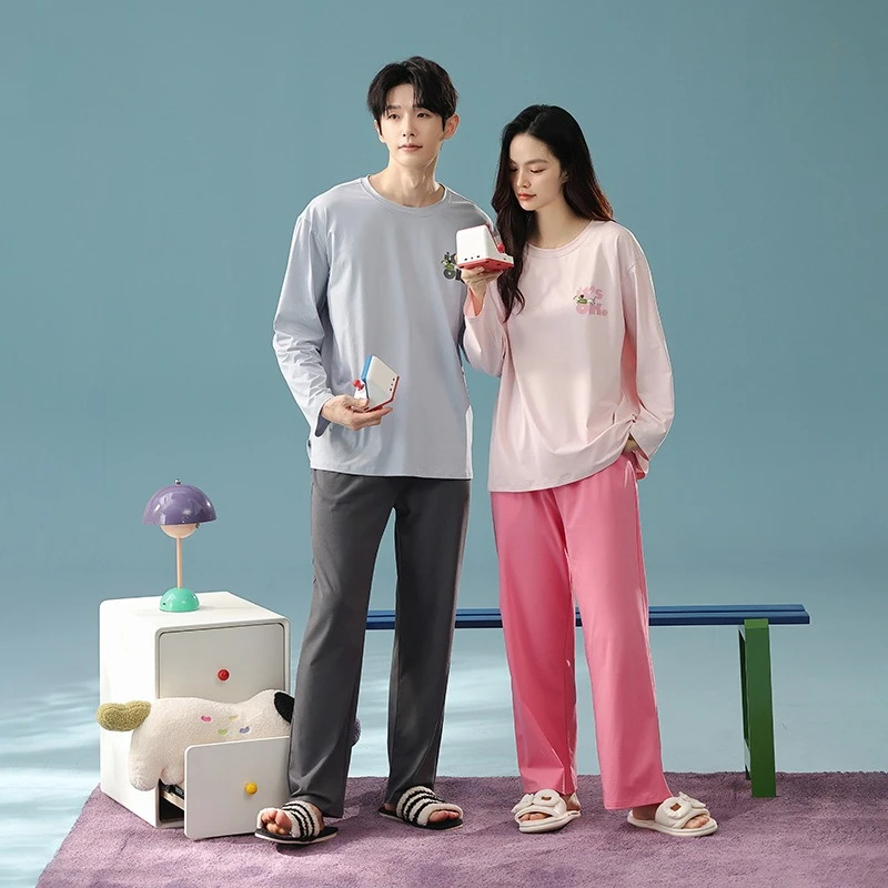 

Осенний новый парный пижамный комплект с длинными рукавами, женский комплект из чистого хлопка, простой носимый домашний костюм, мужское повседневное нижнее белье для сна и отдыха