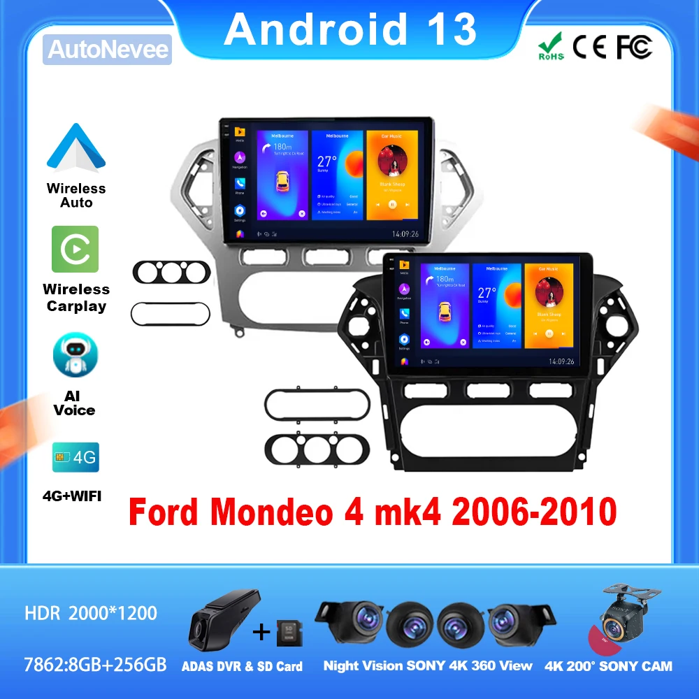 Android Auto dla FORD MONDEO 4 MK4 2006-2010 Radio samochodowe Samochodowy odtwarzacz multimedialny 5G Carplay Nawigacja GPS Wifi Camera