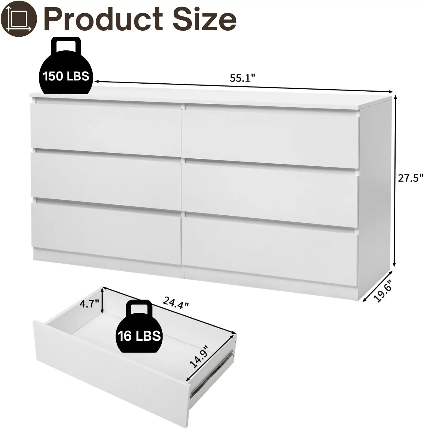 Cômoda branca com 6 gavetas para quarto Cômoda de madeira longa de 55 polegadas com grande cômoda de armazenamento