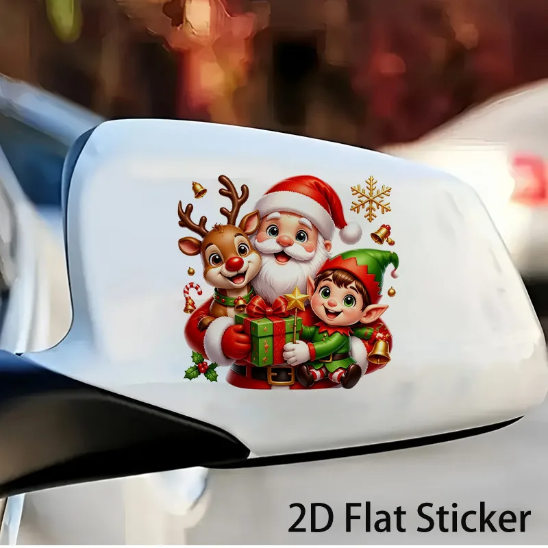 Santa Claus, cartoon reindeer, Christmas elves, gift boxes, car decals, holiday decorative stickers, winter holiday atmosphere.