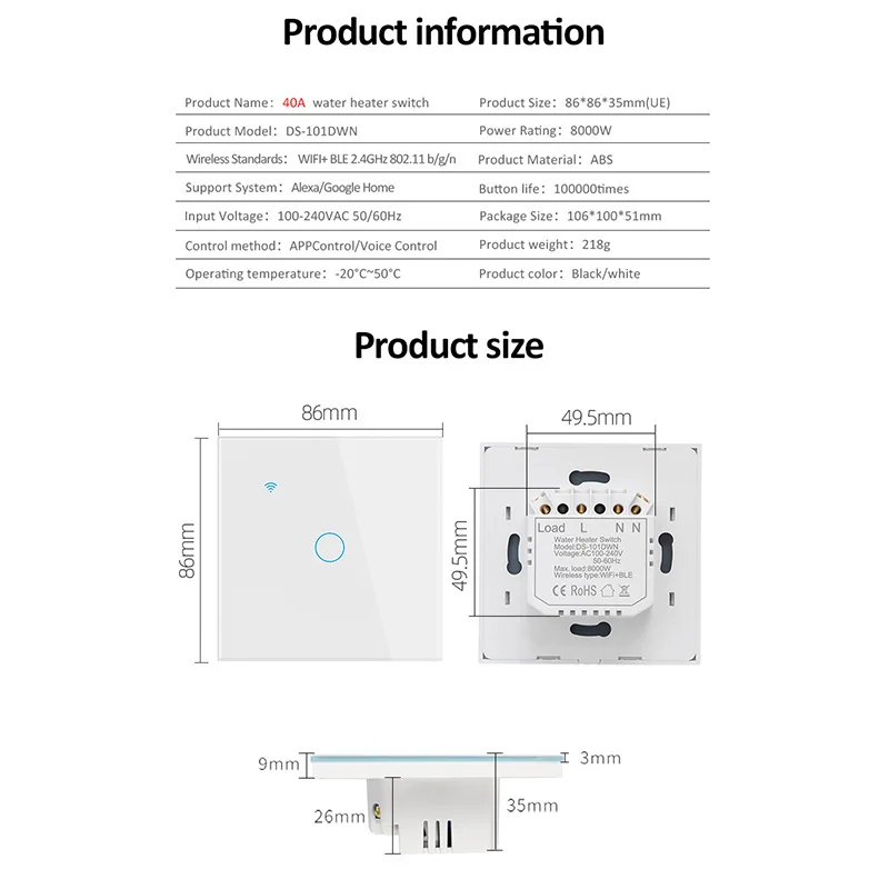 Interruptor inteligente para calentador de agua, dispositivo con WiFi, 40A, 8000W, Control de vida, funciona con Alexa Home, Tuya EU