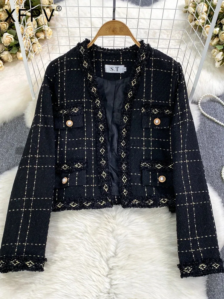 

BabYoung Women's V Neck Long Sleeve Temperament Tassel Tweed Coat Casual Jacket Top Korean Fashion Autumn Winter 2023