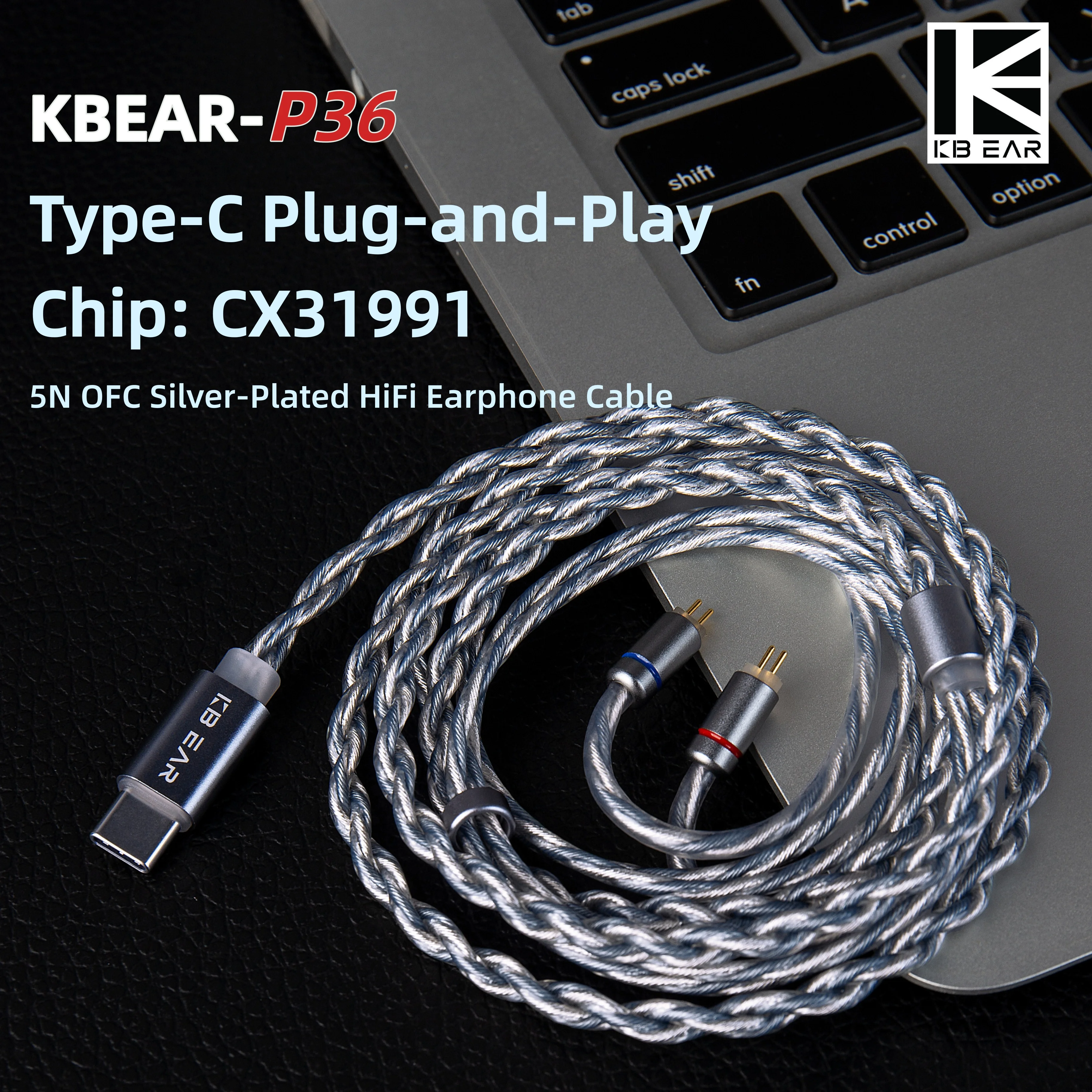 KBEAR P36 Type C Plug Earphone Upgraded Cable 5N OFC Silver-Plated HiFi Cable CX31991 High-Performance DAC for KB02 TBPRO