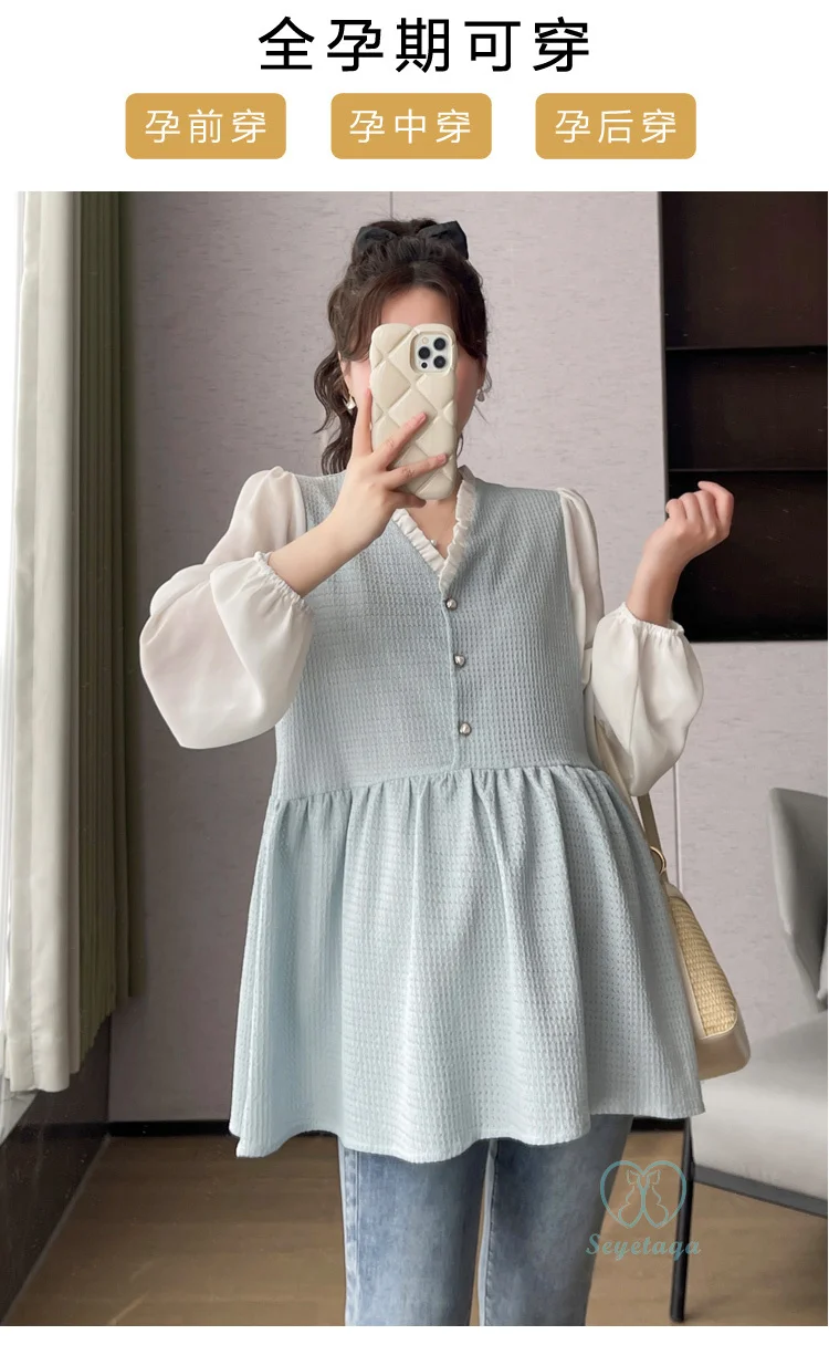 V Neck Patchwork Maternity Blouses 2024 Spring Korean Fashion Shirts Clothes for Pregnant Women Pregnancy Tunic Tops