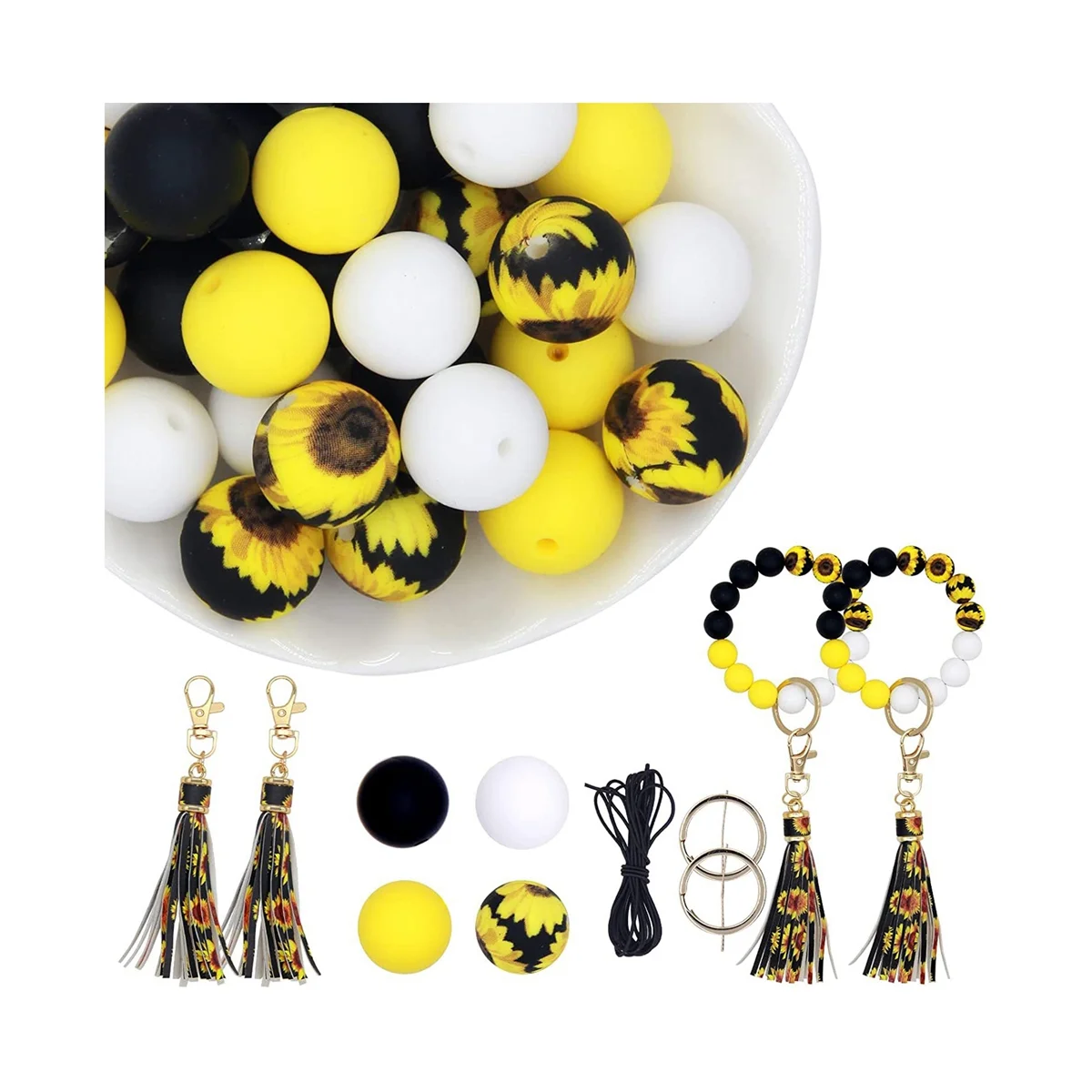 Silicone Beads for Keychain Making, 15mm Silicone Beads Bulk Sunflower Silicone Beads with Tassel for Keychain