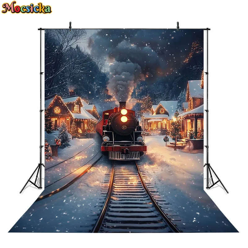 Mocsicka クリスマストレイン背景写真機関車ハウスギフト冬雪の木の装飾子供ベビー背景写真スタジオ