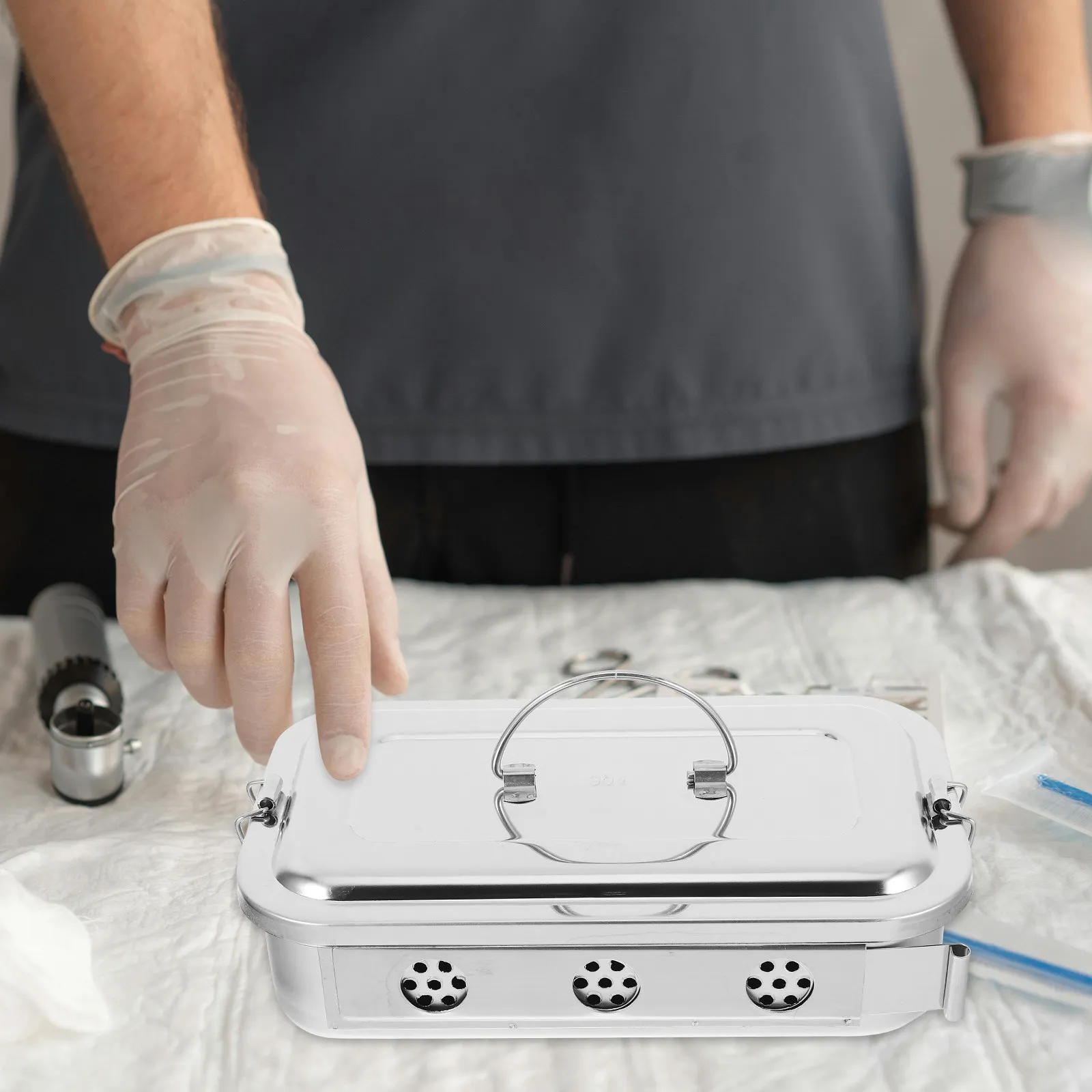 

Stainless Tool Tray 8 Inch with Lid and Perforations Sterilizable Reusable Utility Storage for Instruments Cotton