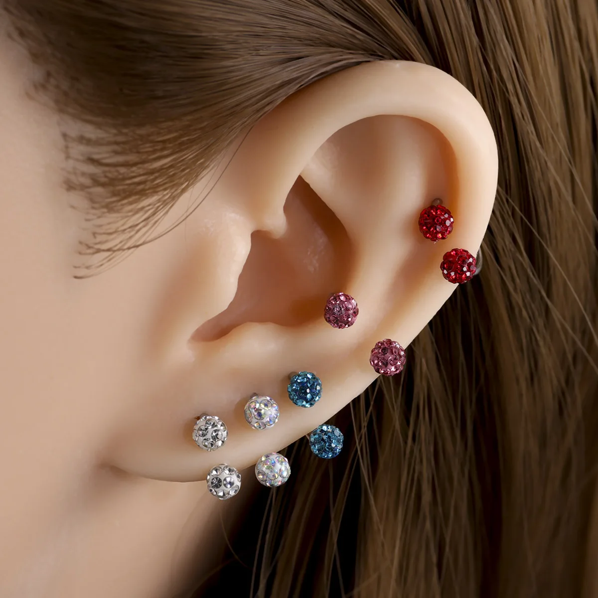 Colored Crystal Ball C-Shape Horseshoe Nose Ring Earrings