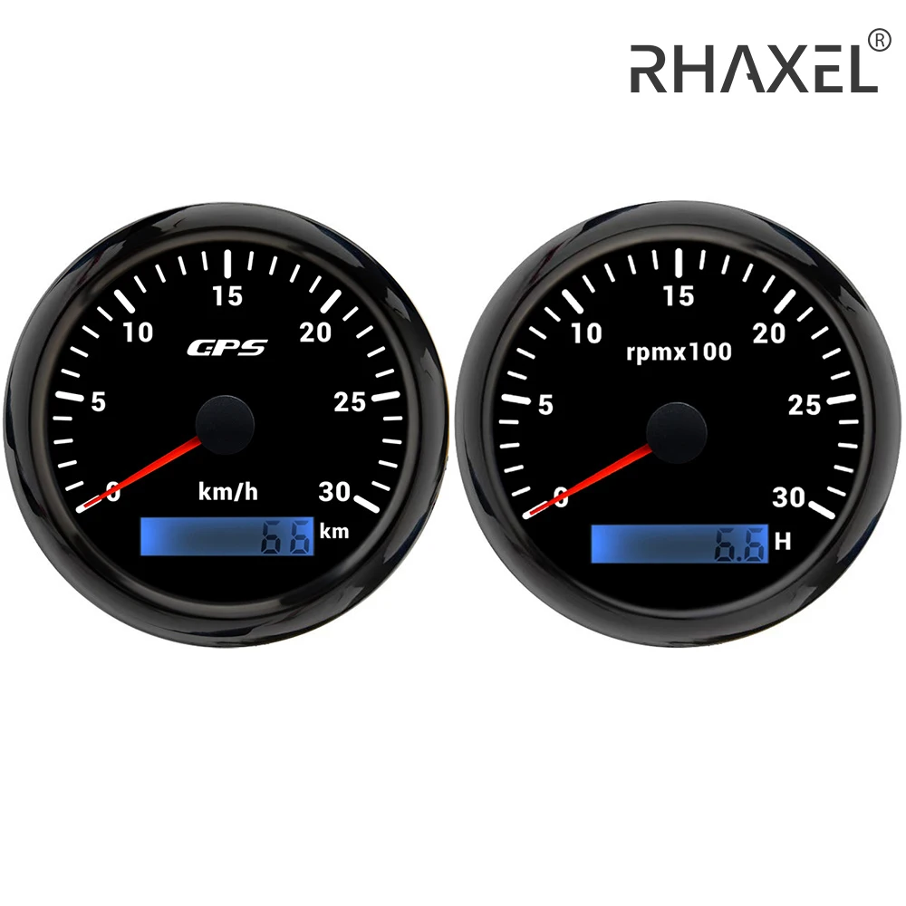 RHAXEL 85MM 2 Gauge Kit Speedometer GPS 30 60 120 200 KM/H Tachometer 3K 4K 6K 8K RPM Meter for Engine Boat with LCD Hour Meter
