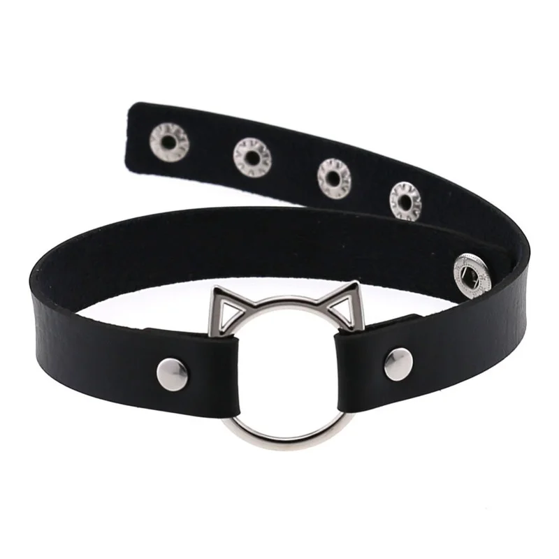 Women Black Synthetic Leather Sexy Collar with Cat Spike Choker Buckle Collar Goth Alternative Thin Gothic Necklace Studded Punk