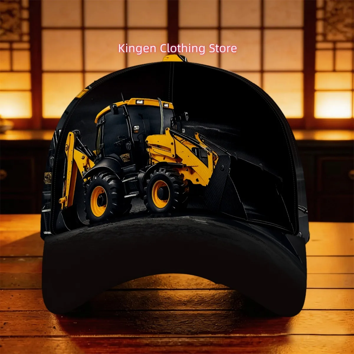 1pc 2D Full Yellow and Black Backhoe Loader Close-up Baseball Cap Golf One Size Fits Most Father's Day Gift Driving Anniversary