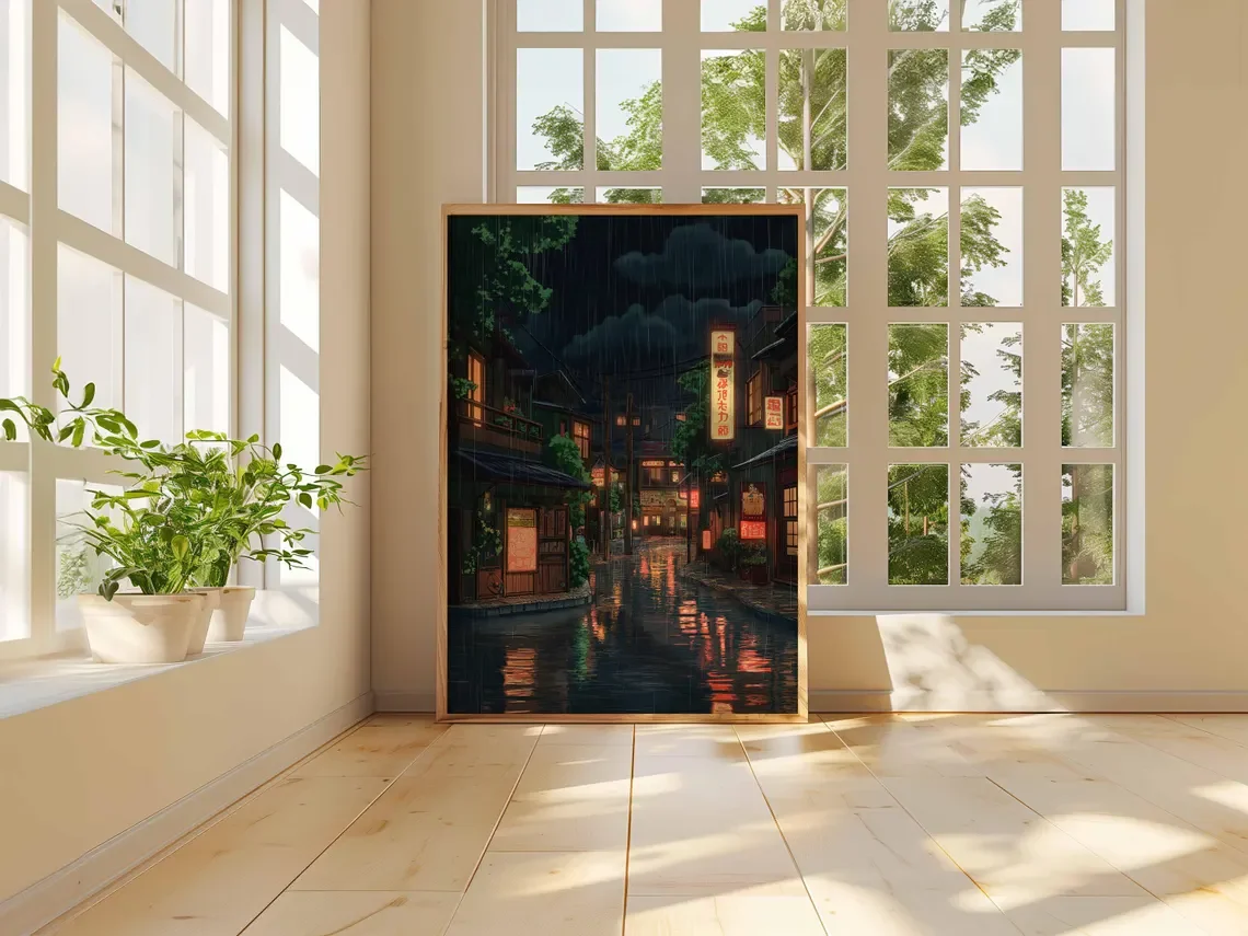 Rainy Night in Japanese Alley Poster, Street Lanterns and Reflections, Urban Japanese Cityscape Art Print, Japanese Wall Art