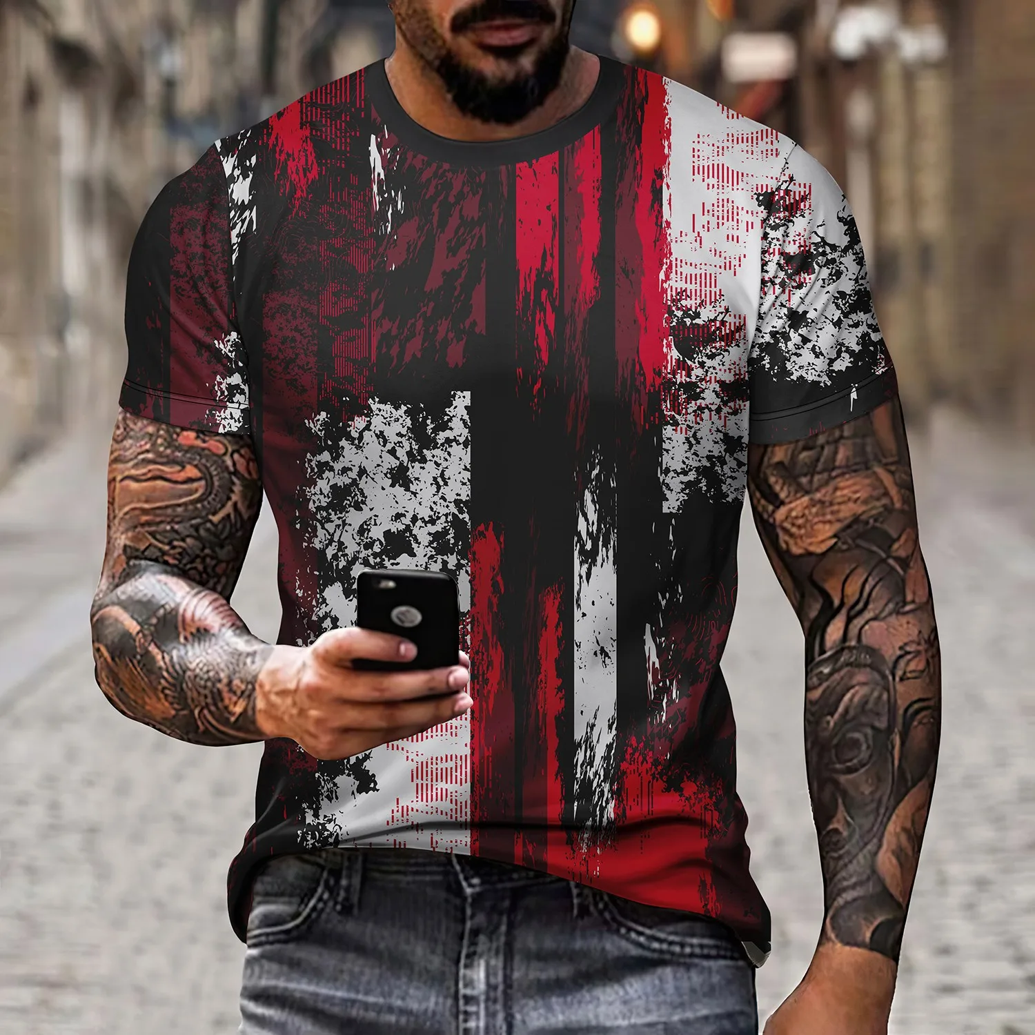 New men\'s fashionable 3D printed round neck short sleeved T-shirt summer casual personality hip-hop street clothing cool T-shirt