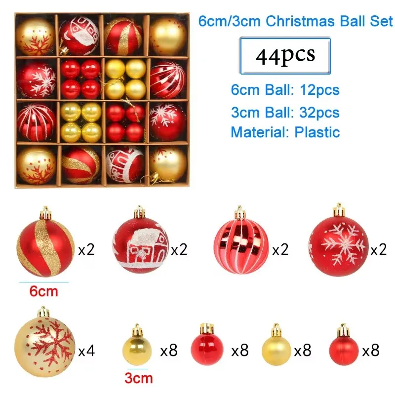 44pcs 3cm/6cm Color Christmas Balls Set Hang Pendant Ornaments Tree Decoration Shiny Ball For Home Bar Party New Year Xmas Decor