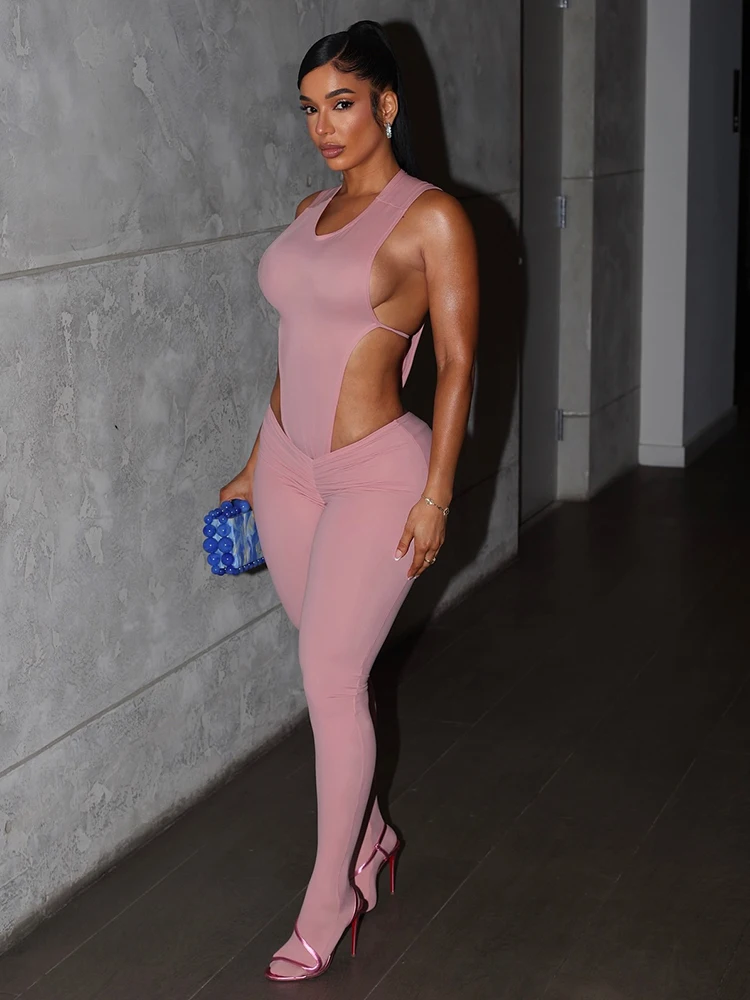 니버 섹시 피치-버트 풋드 점프수트 여성용 허리 없는 밴디지 스키니 고탄력 민소매 미드나잇 코켓 파티 의상