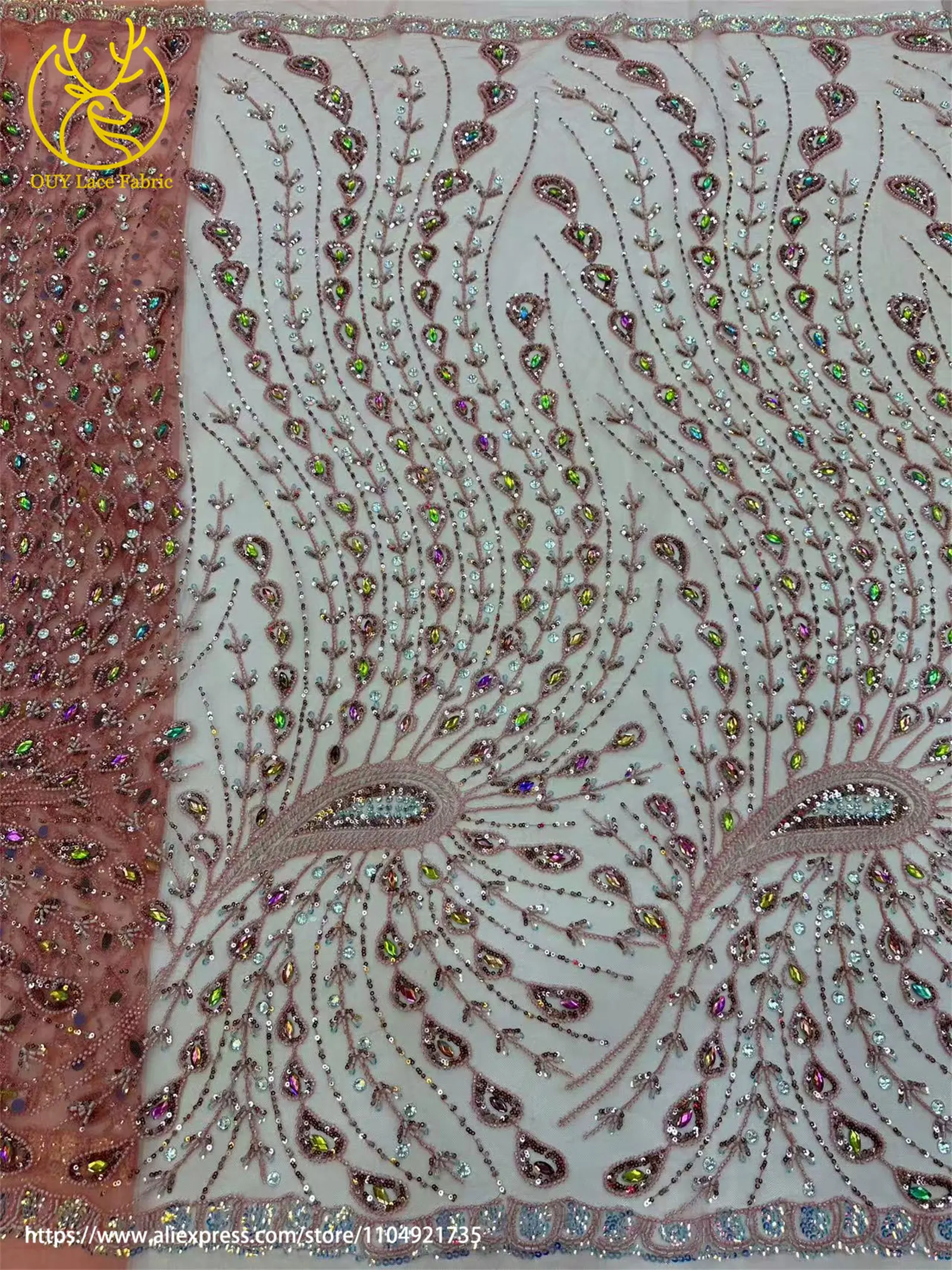 Teakrot Eleganter Afrikanischer Luxus-Spitzenstoff 2026 Luxuriöser Nigerianischer Französischer Perlen-Pailletten-Spitzenstoff für Hochzeitskleider – Detail 27
