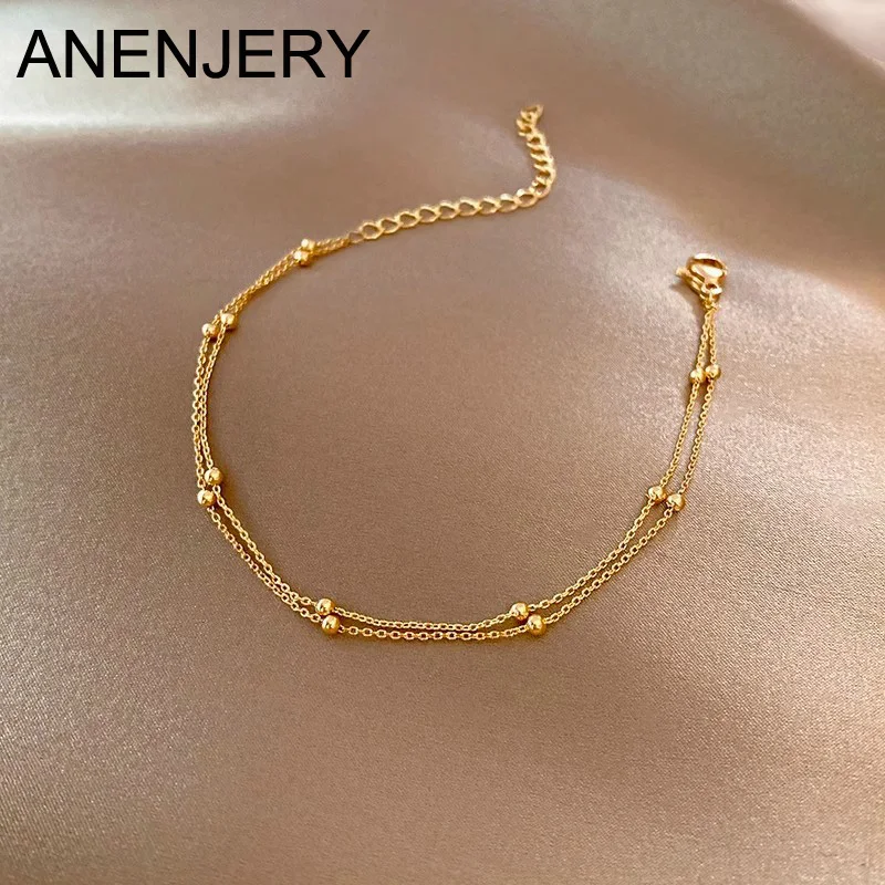 ANENJERY-Pulsera de bola pequeña para mujer, brazalete Vintage chapado en oro, cadena de declaración, joyería