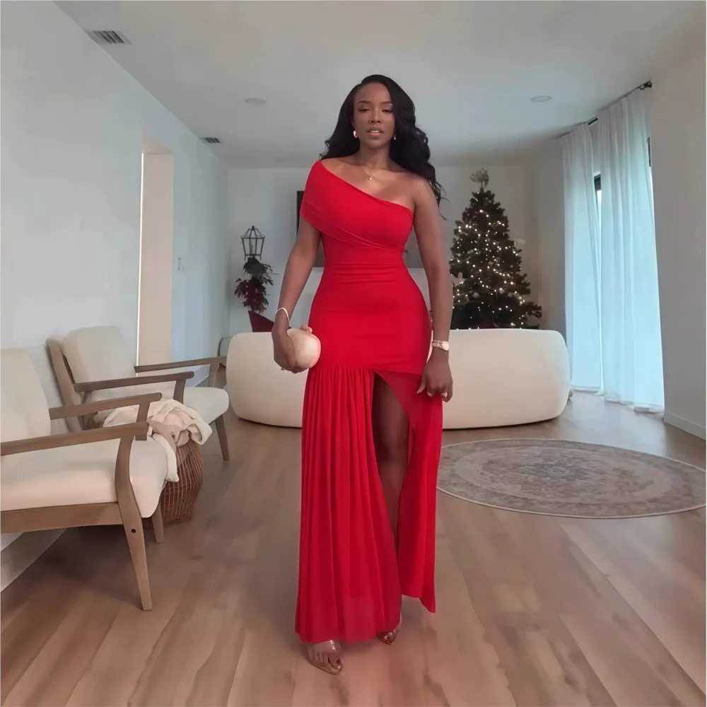 

New Solid Color Evening Dress Slim Fit Diagonal Collar Sleeveless Spliced ​​pleated Long Skirt Stylish Elegant Women's Clothing