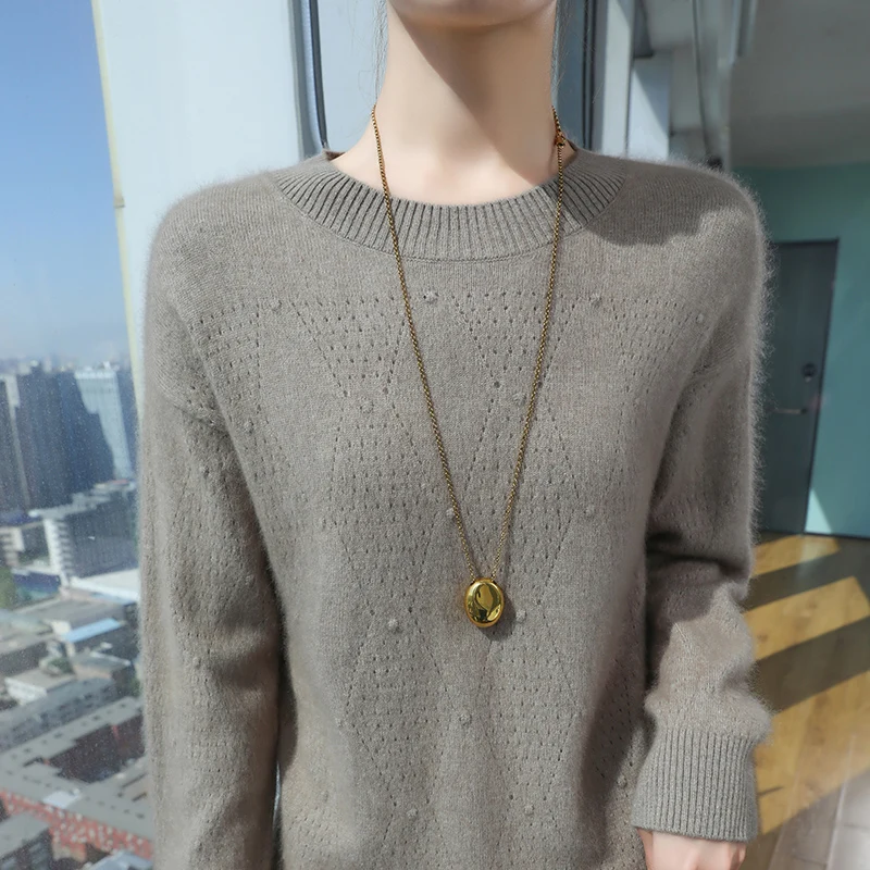 

Новый зимний норковый кашемировый свитер с круглым вырезом, женский пуловер с ромбовидным полым трикотажным низом, высококачественный универсальный модный топ