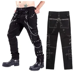 Side Pockets Personalized Pants With Metal Chain，Men's GothicPunk Rock Bondage Pants, Binding Trousers