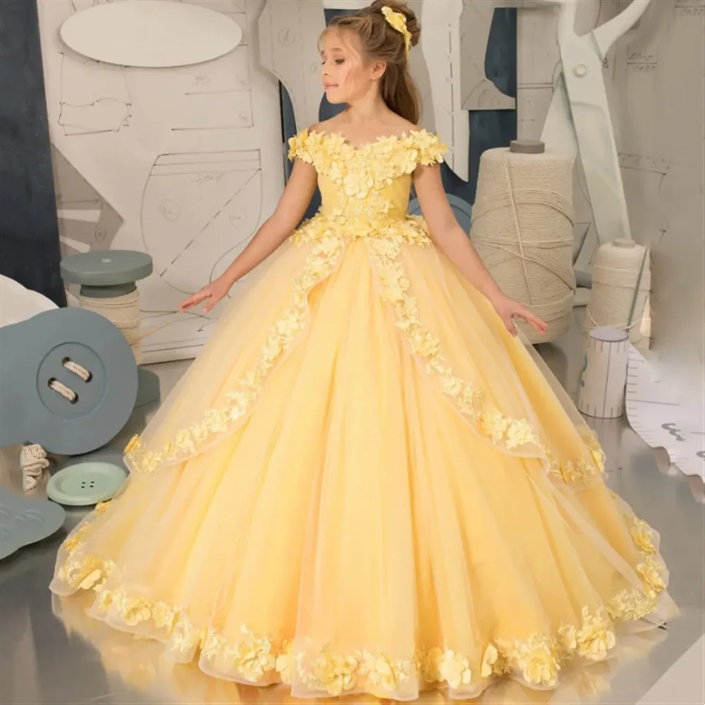 

Customized Yellow Flower Girl Dress Wedding Dress Appliques Floral Off Shoulder Kids Prom Pageant Birthday First Communion Dress
