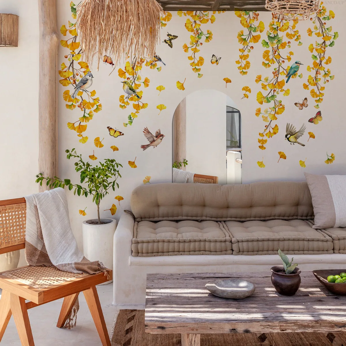 

Vine & Ginkgo Mirror Wall Decals - Glowing Autumn Leaf & Butterfly Stickers for Bedroom & Bathroom