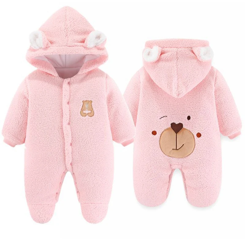 Cute Plush Bear Baby Boy Romper Infant Girl Overall Jumpsuit Autumn Winter Warm Fleece Hooded Baby Rompers Newborn Clothes 0-12M