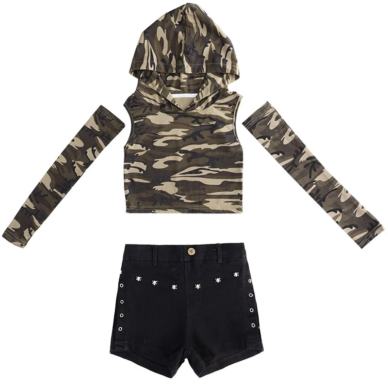 Chidren Summer Girls costume hip hop costume cotton camouflage short sleeve T-shirt Black Shorts 2 piece streetwear set Jazz per