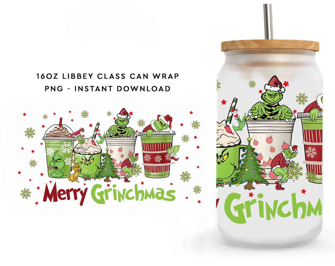 Christmas Cartoon For Libbey 16oz Can Glass UV DTF Christmas Theme Coffee Can Wrap Libbey Glass Wrap