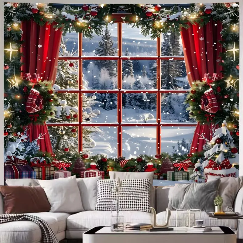 VIKAMA Christmas Window Wreath Wall Hanging, Red Curtain Snowy Forest Print, Festive Home Wall Decor for Winter Holiday