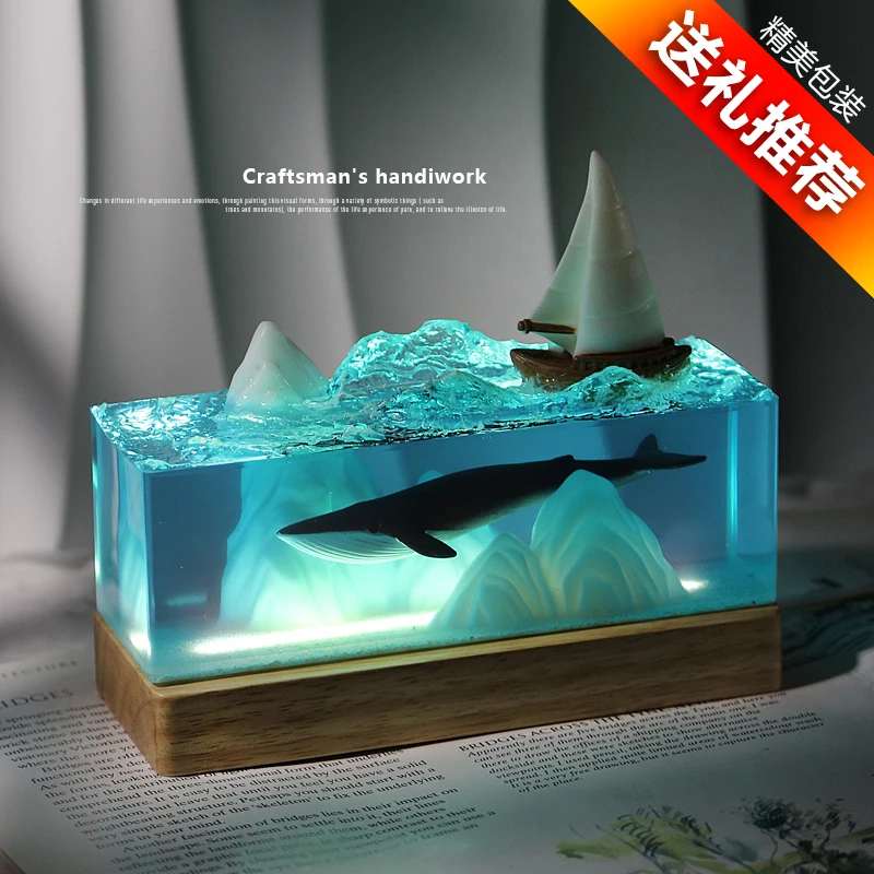 Merchandise Accessories Healing Couple Birthday Gift Ocean Sailing Whale USB Night Light Resin Tabletop Ornament