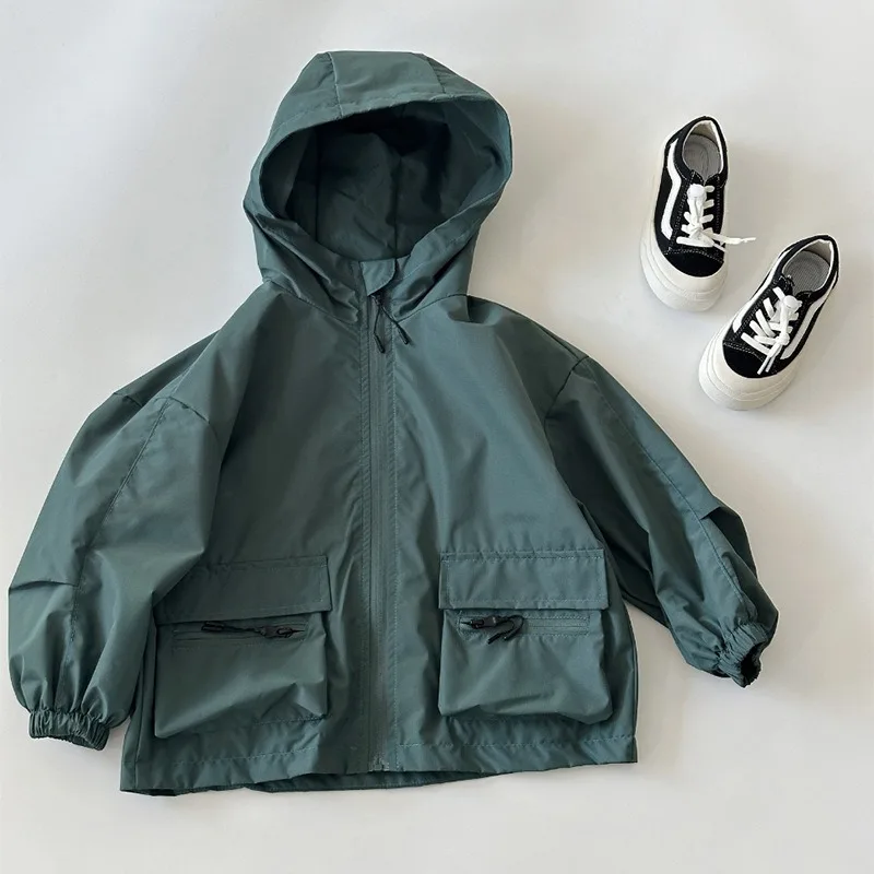 Kids Hooded Windproof Jacket Waterproof Outdoor Coat Boys Girls Casual Zip Up Outerwear For Spring Autumn