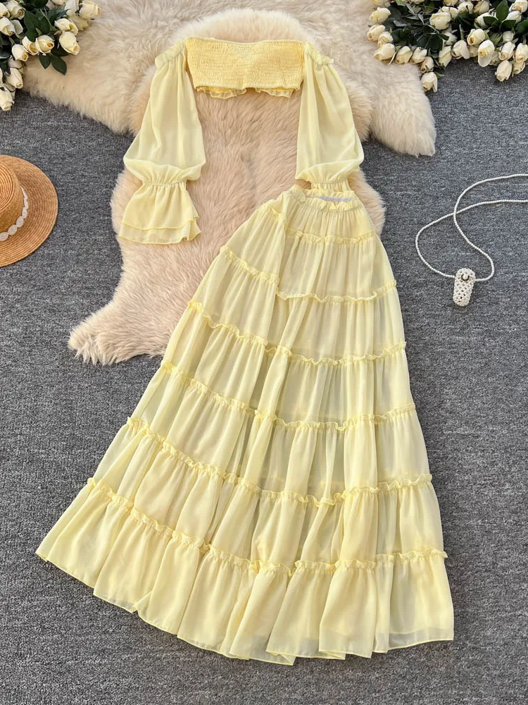 Vaion sle fora do ombro ort colheita topo saia de cintura alta conjunto feminino faion primavera outono semi-formal casual wear