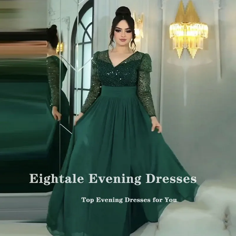 Eightale Dark Green Evening Dresses V-Neck Shiny Long Sleeves Arabic Customized Chiffon Prom Gown for Wedding Party robe soiree