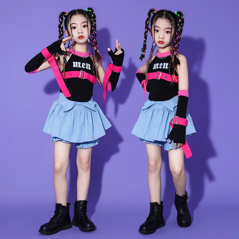 

Kids Ballroom Hip Hop Clothing Black Halter Belt Crop Tank Tops Bowknot Skirt Shorts for Girl Jazz Dance Costume Clothes Set